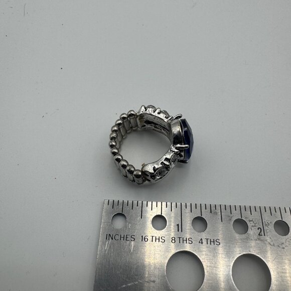 Silver-Toned Stretch Ring With Large Blue Gemstone & Clear Crystal Accents - Picture 3 of 3